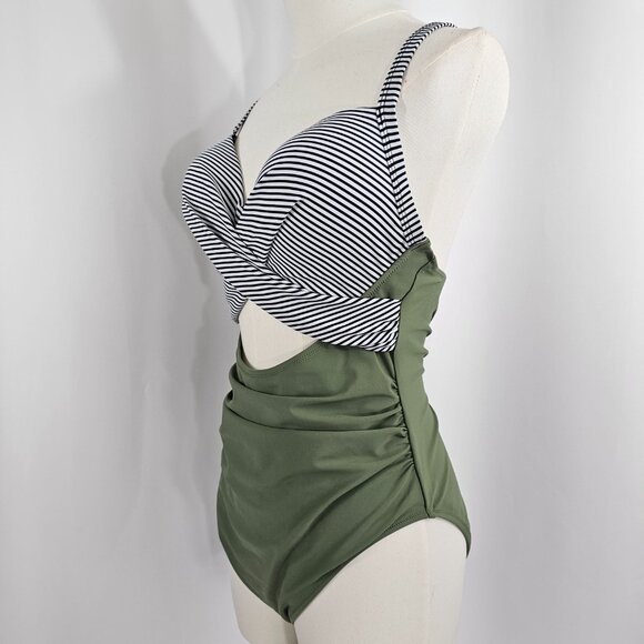 Women's High Waisted Cut Out Green Stripe Contrast One Piece Swimsuit Size L - Picture 5 of 11